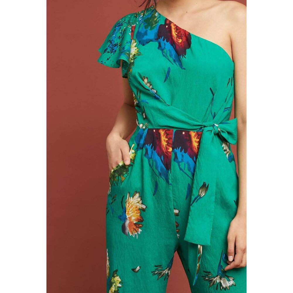 Eva Franco Anthropologie Garden Green Floral Wide Leg One-Shoulder Jumpsuit NWT - Picture 3 of 4